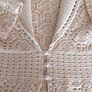 3/4 Sleeve Lace Cardigan, Sz M, Ecru, Cinched Waist Button Detail